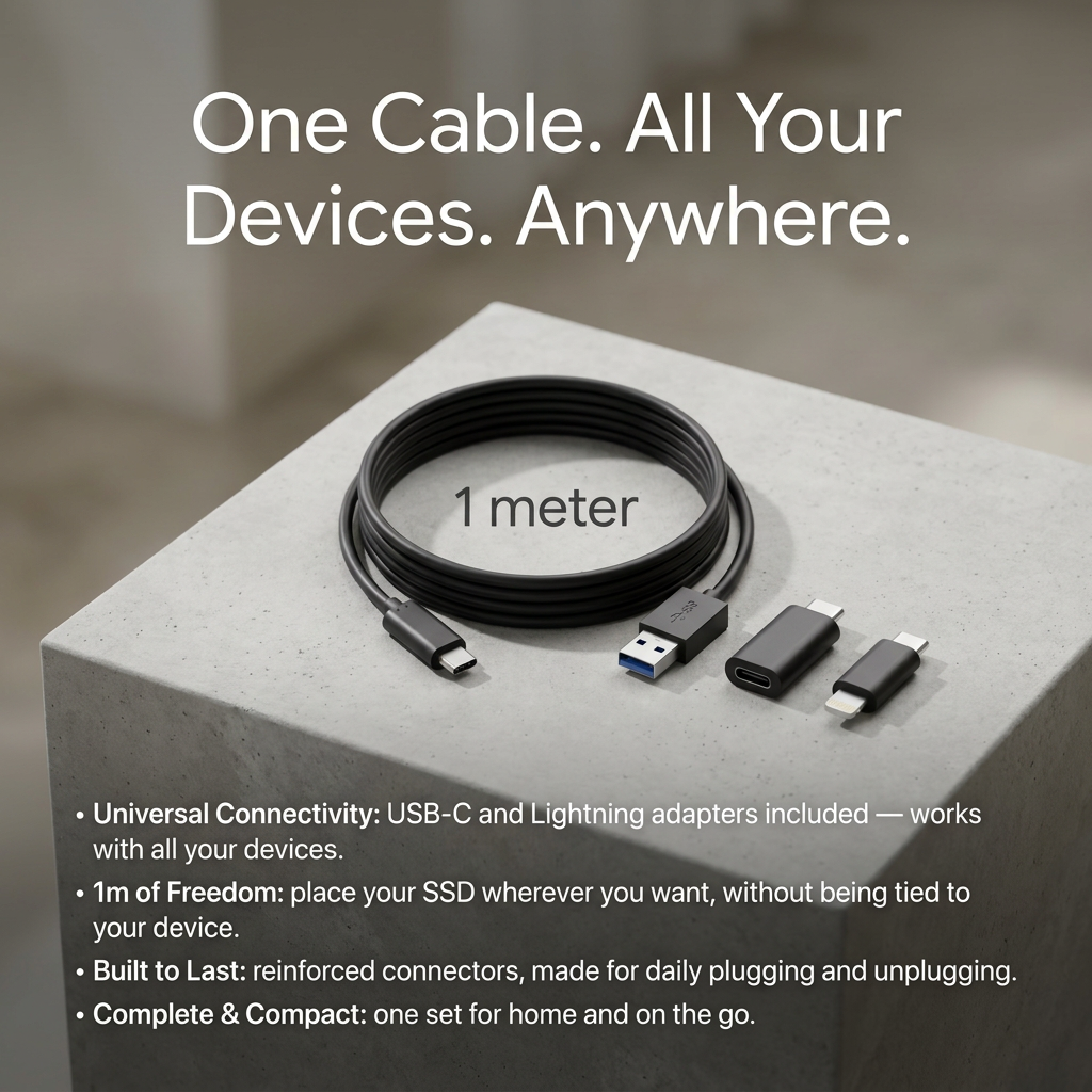 Extra pitkä USB-C-kaapeli — 1 m liikkumisvapautta
